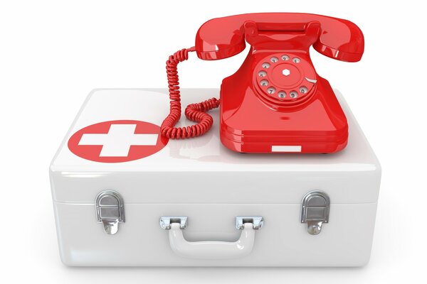 Armamentario medico. Valigia con croce e telefono