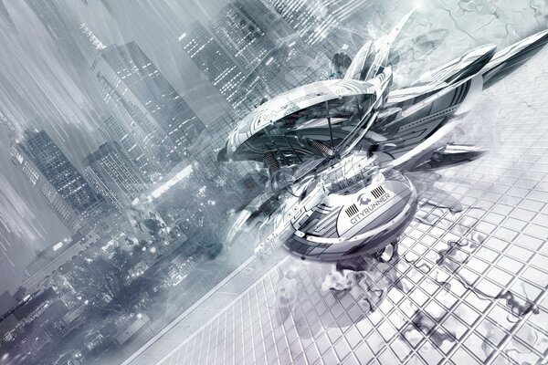 A spaceship on the background of a city in gray