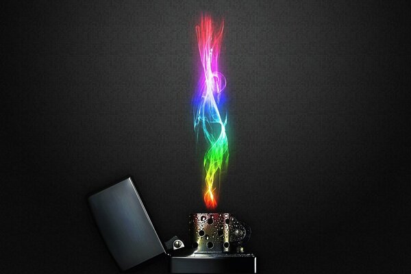 Sobre un fondo negro, un fuego con una paleta de arco iris se dispara desde un encendedor