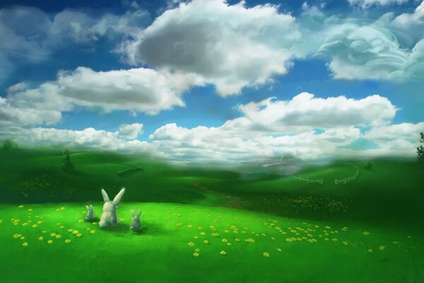 Rabbits in a green clearing look at the clouds