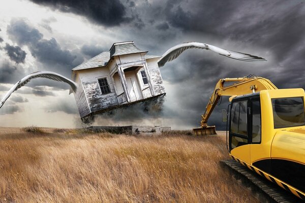 Une maison volante arrive sur le champ de commbaainn