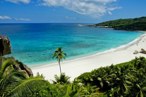 Vacanze estive paradisiache su un isola con un bellissimo paesaggio di oceano, palme, montagne e nuvole, caldo e caldo