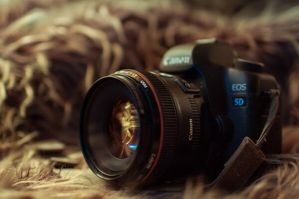 The camera with an open lens stands on a fluffy background