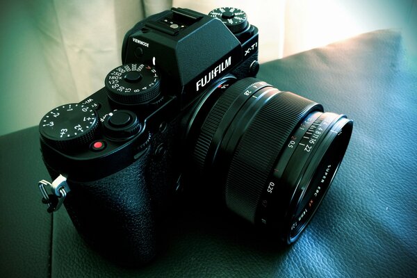 SLR camera on a leather background