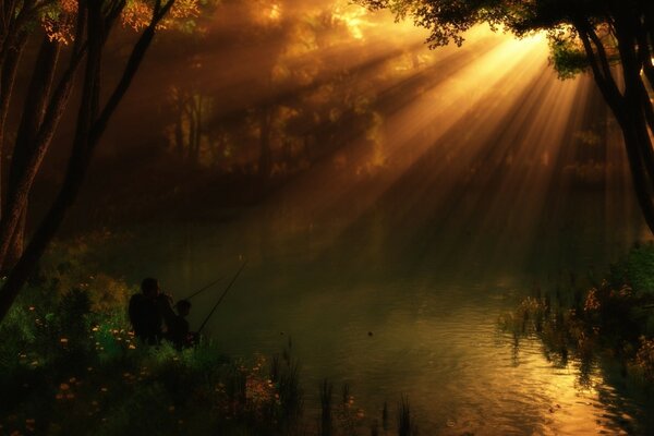 Raggio di sole che illumina il lago della foresta