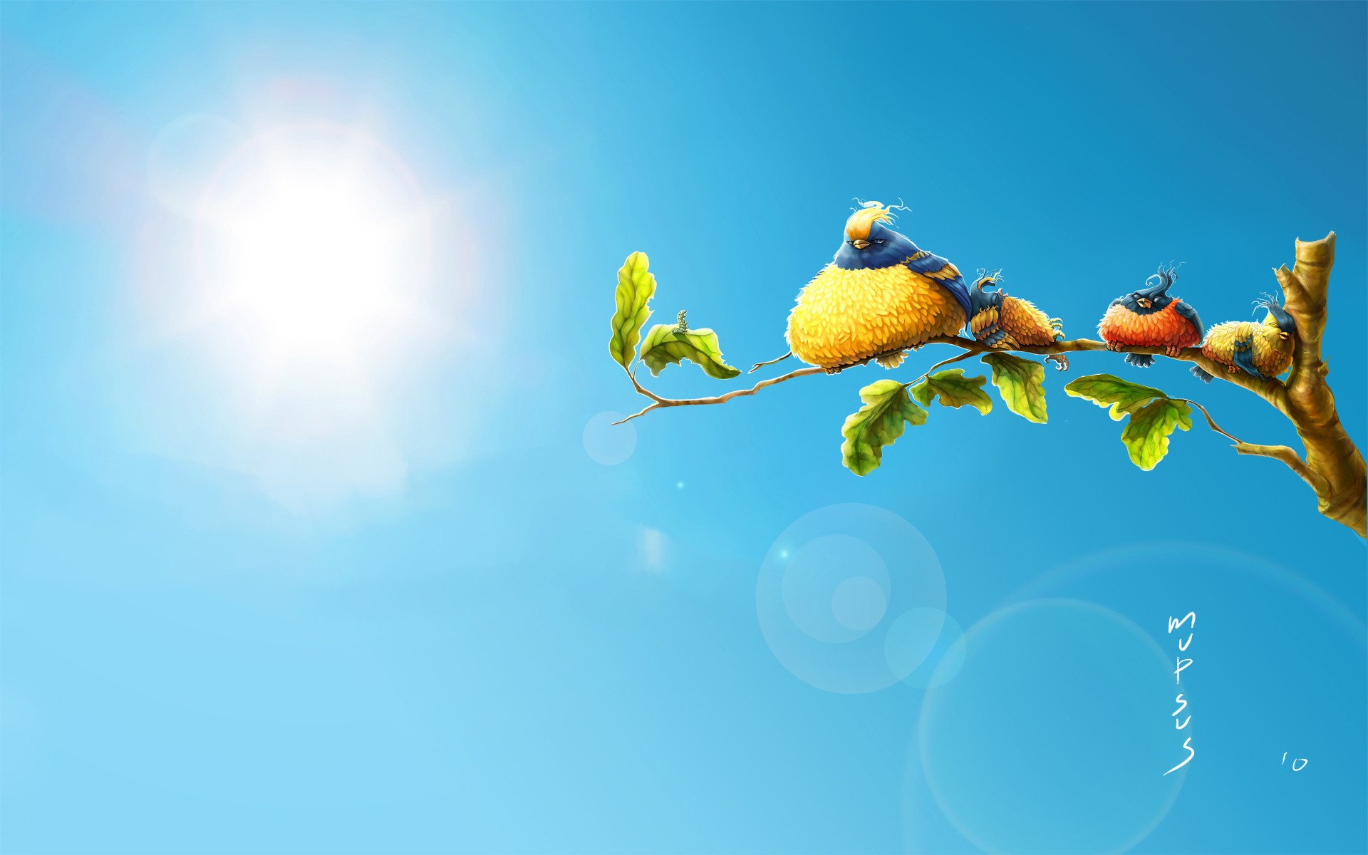 twigs proud birds blue sky drawings sun rays birds branch leaves feathered anime