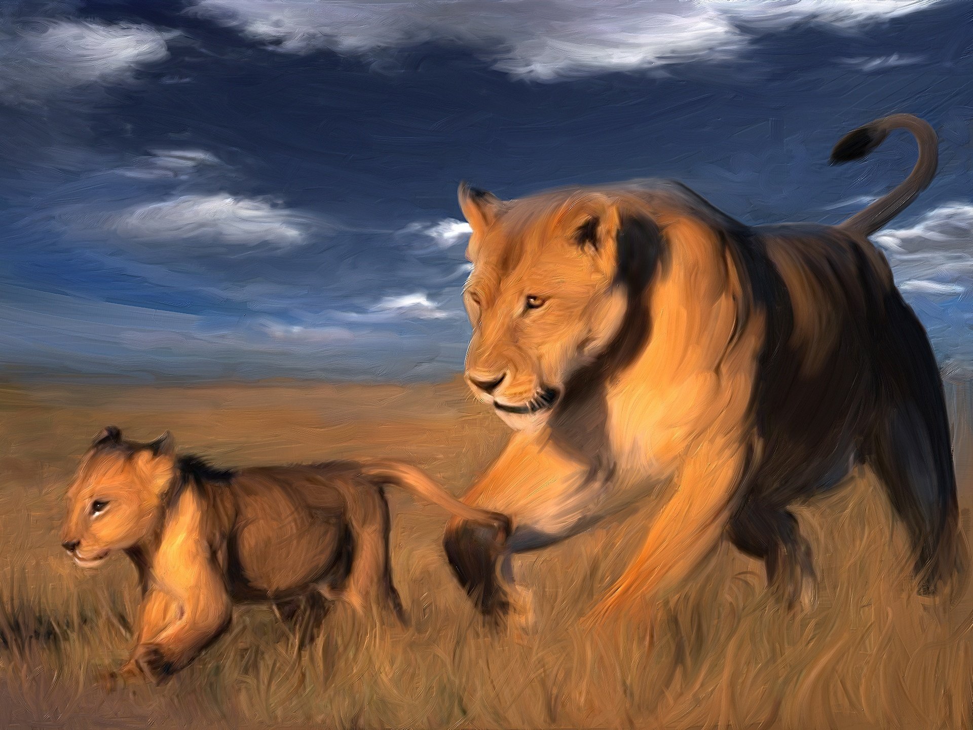 the lioness and the baby grass field animals predators cat figure clouds masterpiece the sky africa