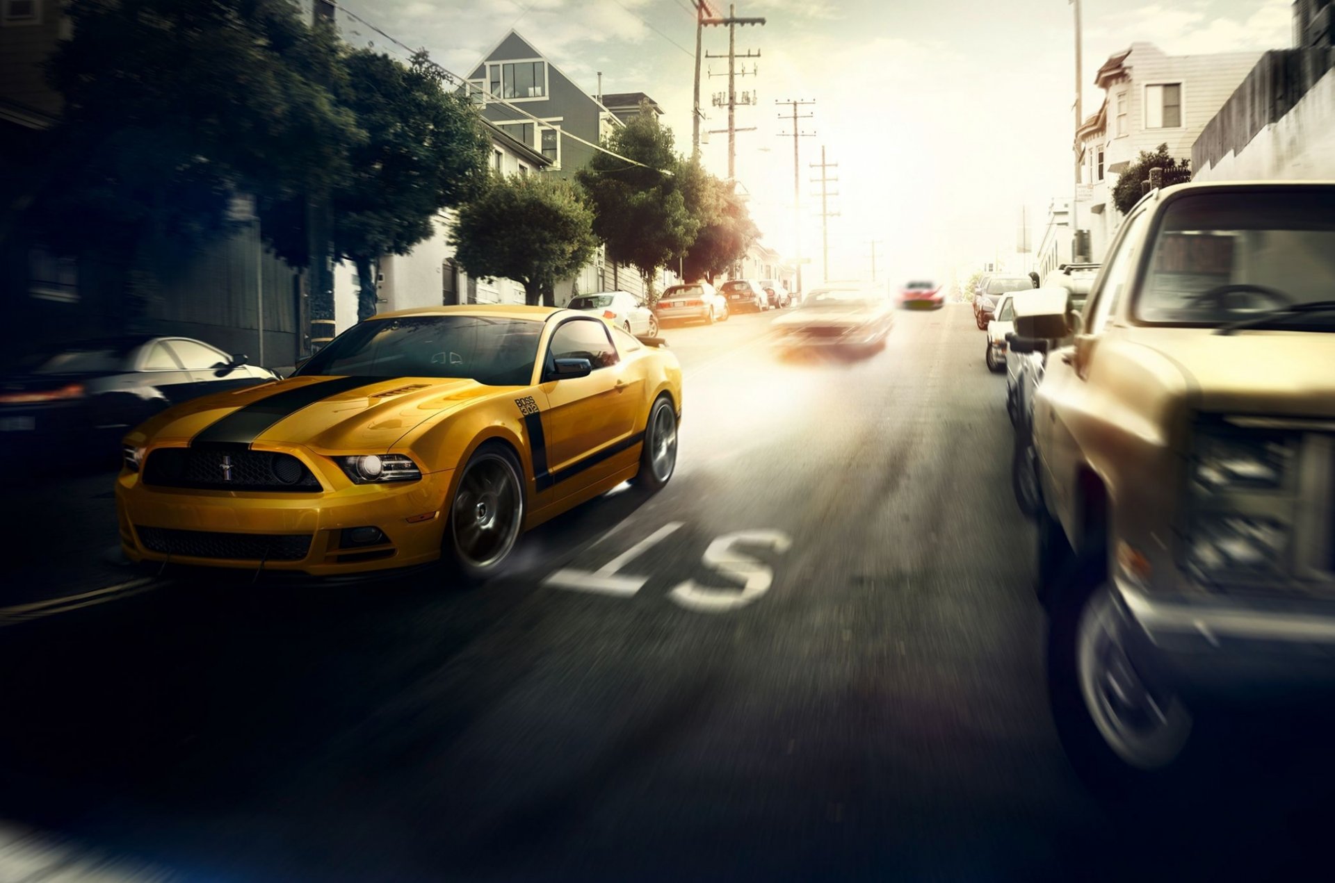 ford mustang jefe amarillo músculo coche calle san francisco sol velocidad delantero