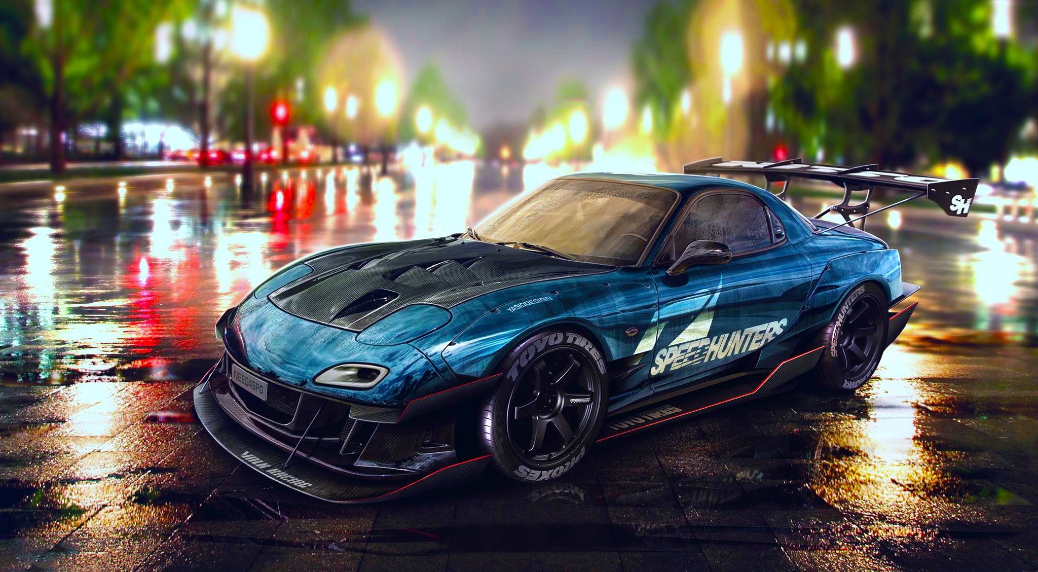 mazda rx-7 azul nigth deriva coche speedhunters yasiddesign