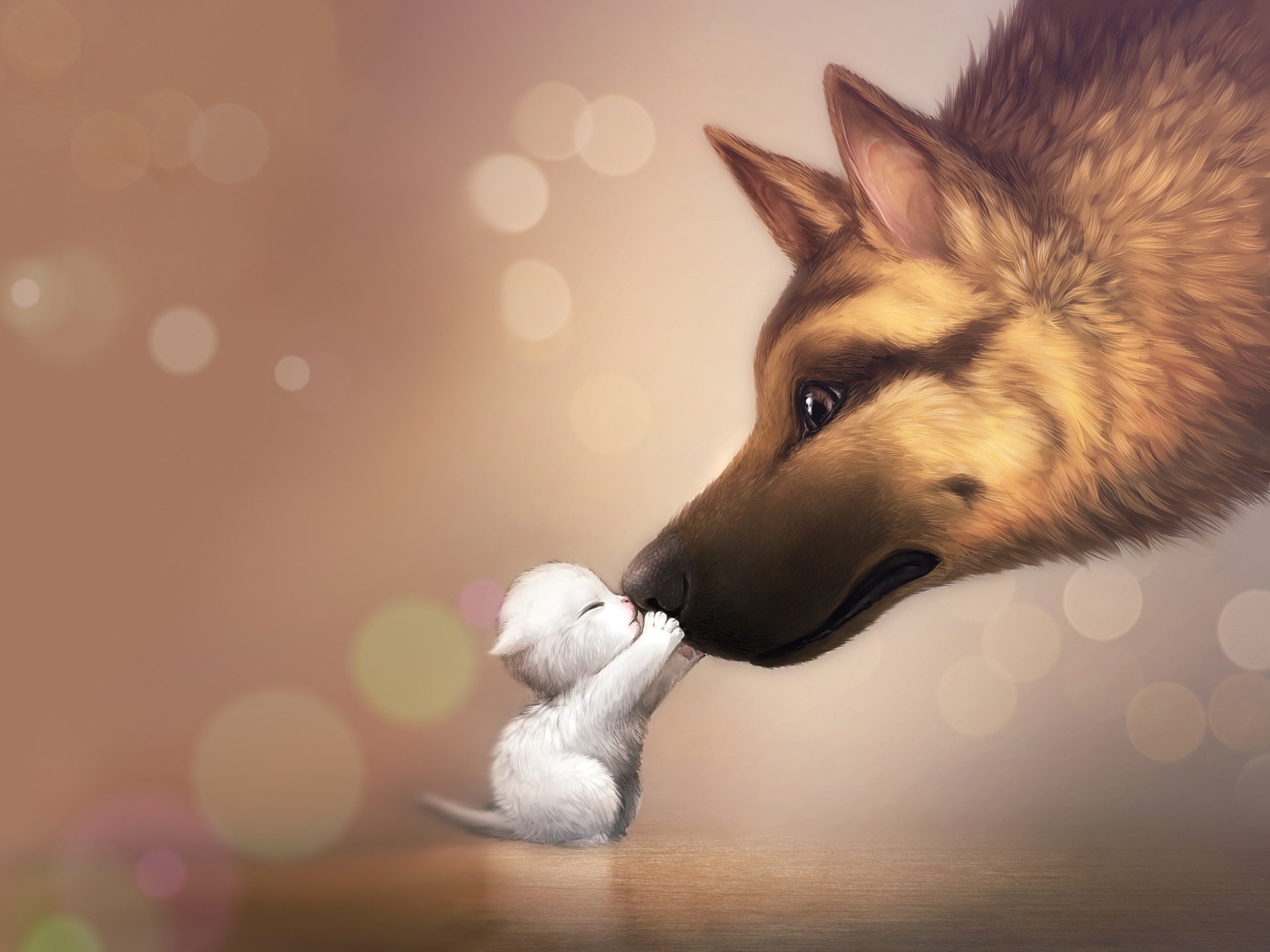 gatito blanco perro grande dibujo amor confianza amistad