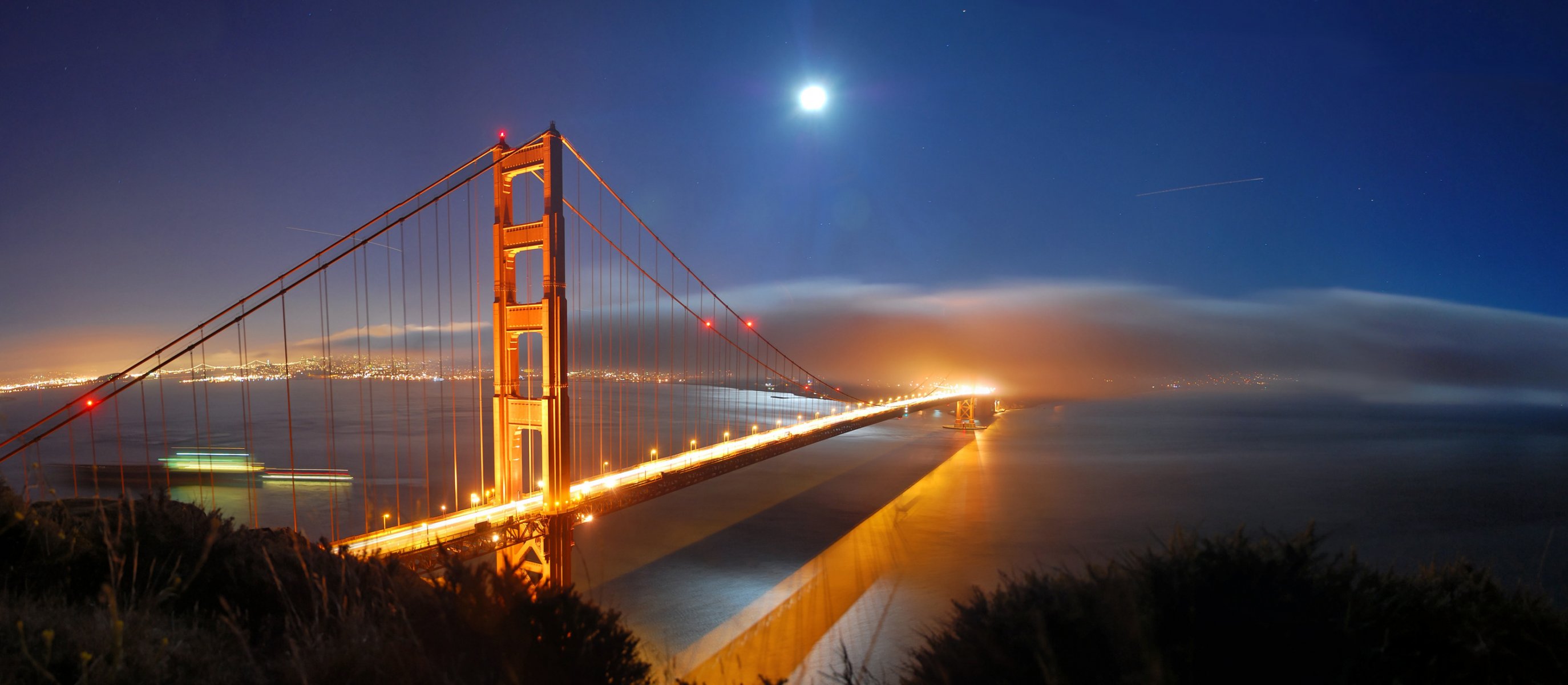 ciudades américa estados unidos estados unidos vista lugares puentes noche luna mes agua mar océano luces luz cielo nocturno luces de la ciudad