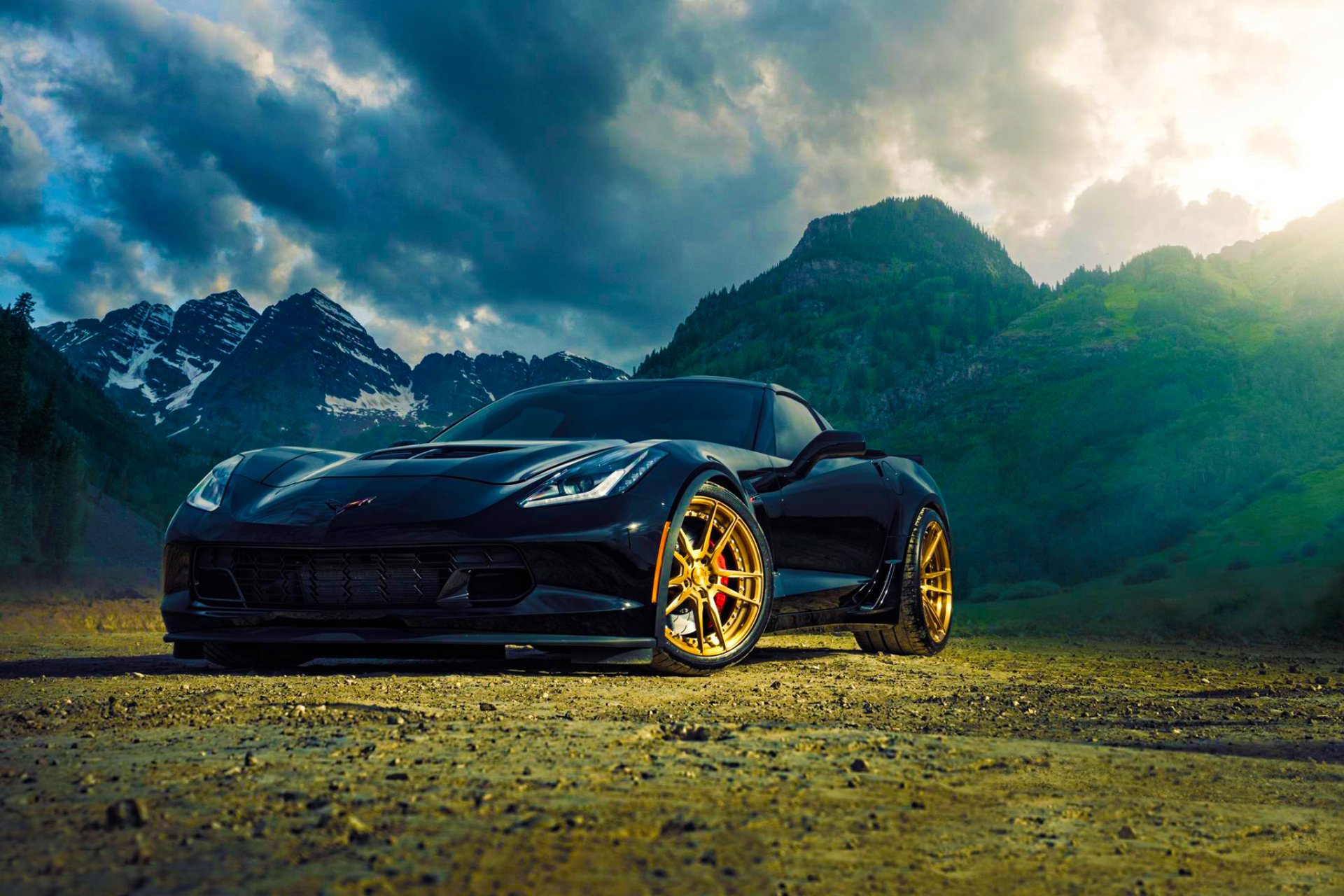 chevrolet corvette z06 ruedas negro montaña sol luz