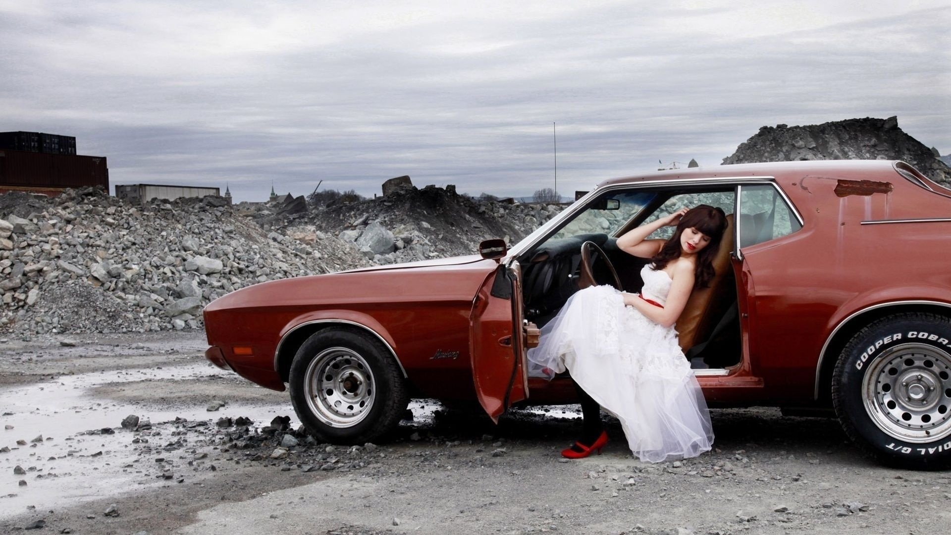 red car white dress dump centerfolds girls women cars transport auto machine