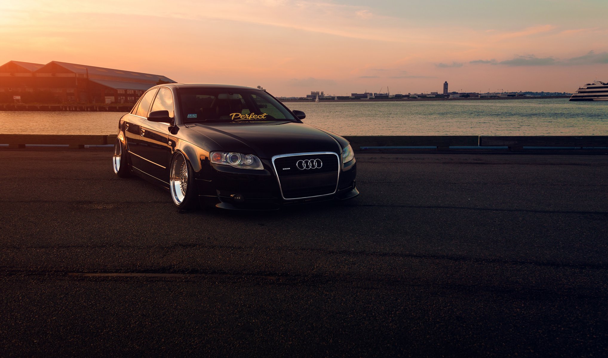 audi a4 position slammed voiture noir coucher de soleil avant