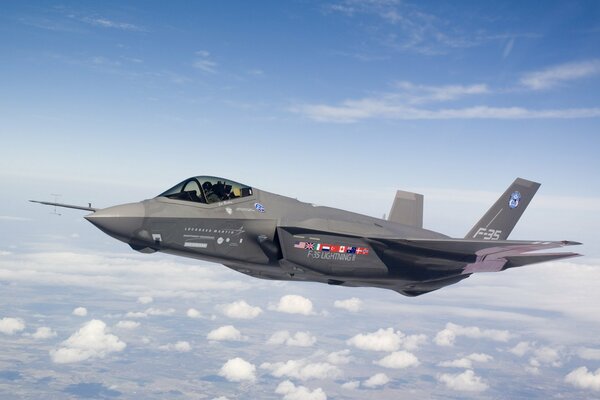 Flying a fighter in a blue sky with clouds