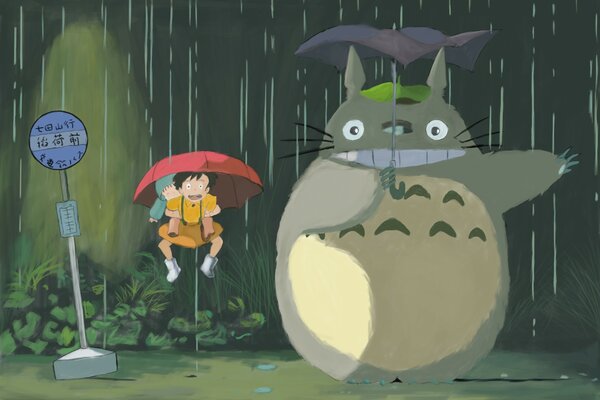 Totoro und Hayao Miyazaki im regen mit Regenschirm