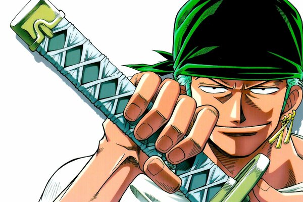 A man with a sword in a green bandana