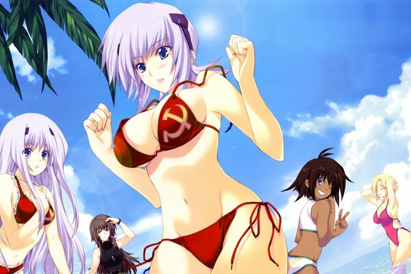 Beach party in anime girlfriends swimwear