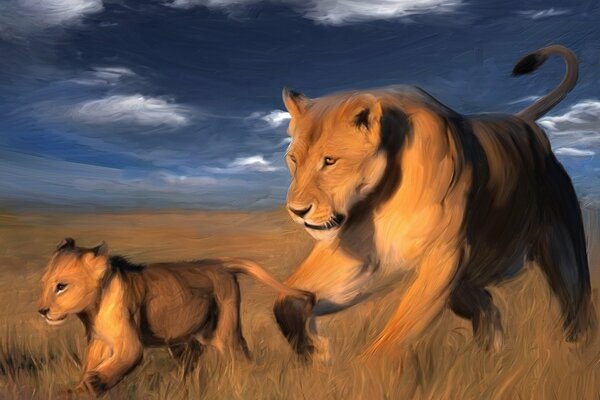 Mamma Leonessa, cammina con un piccolo cucciolo di leone