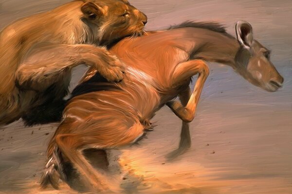 Il leone caccia la sua preda in natura