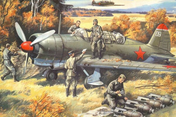 Art avion soviétique sur le terrain avec le pilote et l armée