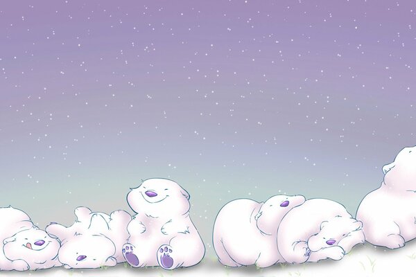 Kleine Eisbären tummeln sich und schlafen im Schnee
