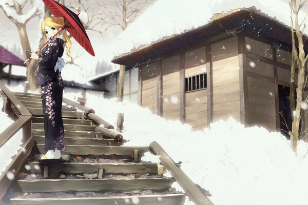 Anime blonde girl in kimono with umbrella