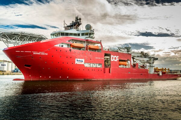 Red ship in the Arctic on the water