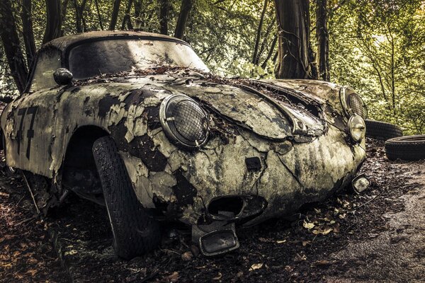 Coche viejo en la chatarra en el bosque