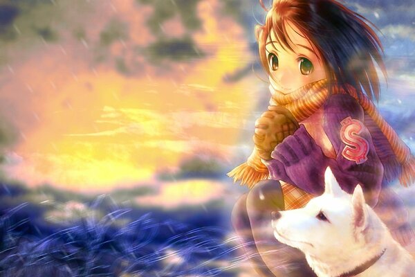 Anime girl and white dog at sunset