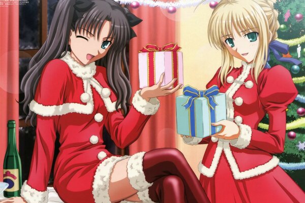 Two girls with gifts in their hands
