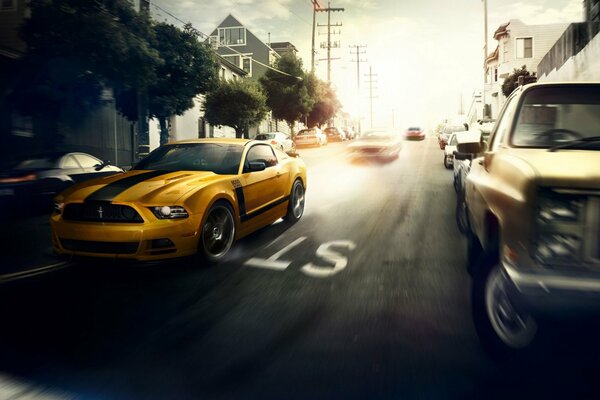 Ford Mustang jaune à la vitesse