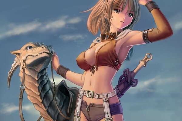 Anime girl with a sword and a dragon