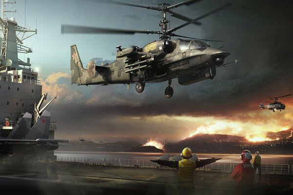 Russian ka-52 helicopter extinguishes a fire over the sea