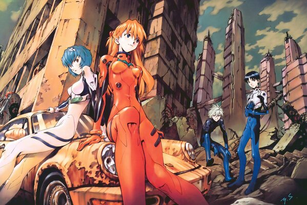 Anime schöne Mädchen auf einem orangefarbenen Auto auf einem Evangelion-Hintergrund