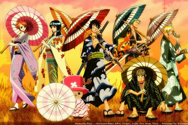 Anime. Drawings in Chinese costumes with umbrellas