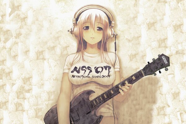 A girl with a guitar in headphones