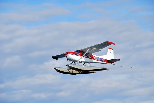 Un avion monomoteur cessna a 185F plane dans le ciel bleu