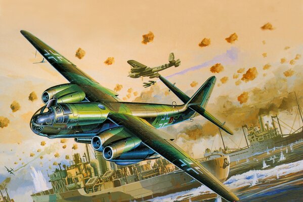 Арт рисунок зеленого самолета , который летит над кораблями
