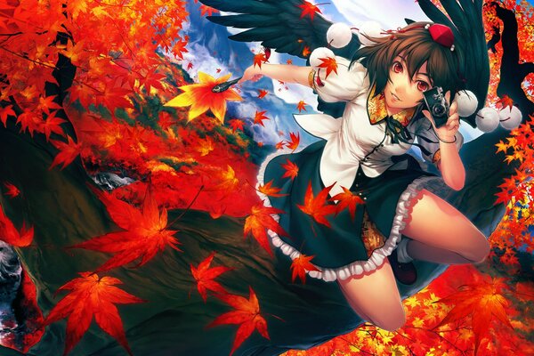 Anime girl in red maple leaves