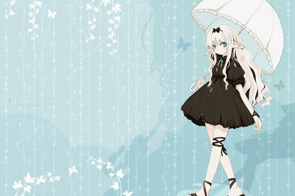 A girl in a black dress and a white umbrella