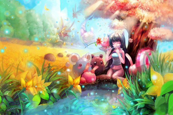 A girl is sitting on the background of a pond in a fantasy world