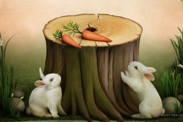 Picture two bunnies a stump and a carrot