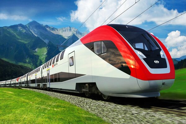 Treno ad alta velocità sullo sfondo di un bellissimo paesaggio