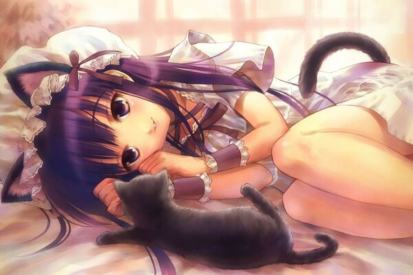 Anime girl playing with a kitten