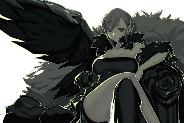 Anime girl with black wings. Fallen Angel