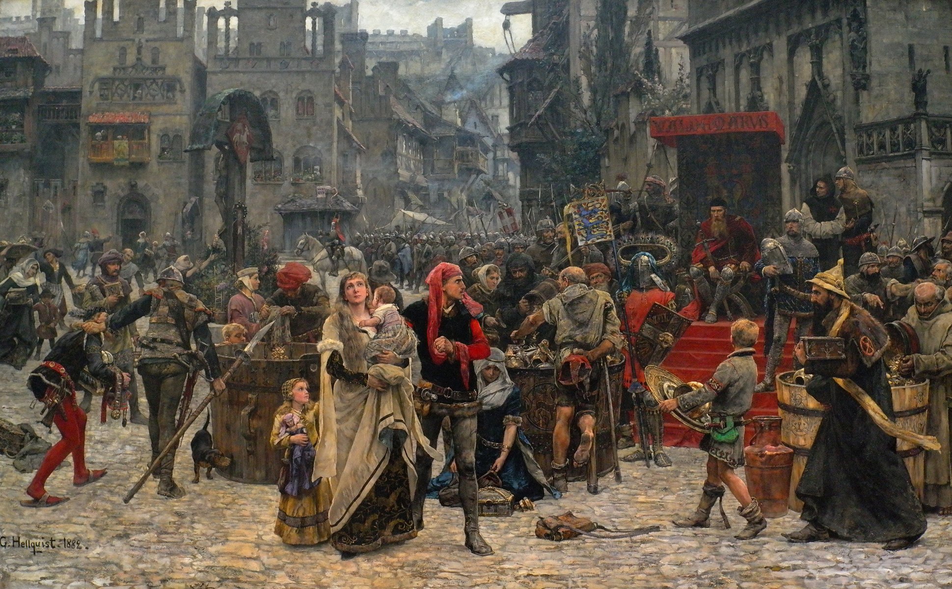 peinture 1889 mères moyen âge place foule chaos rue enfants maisons