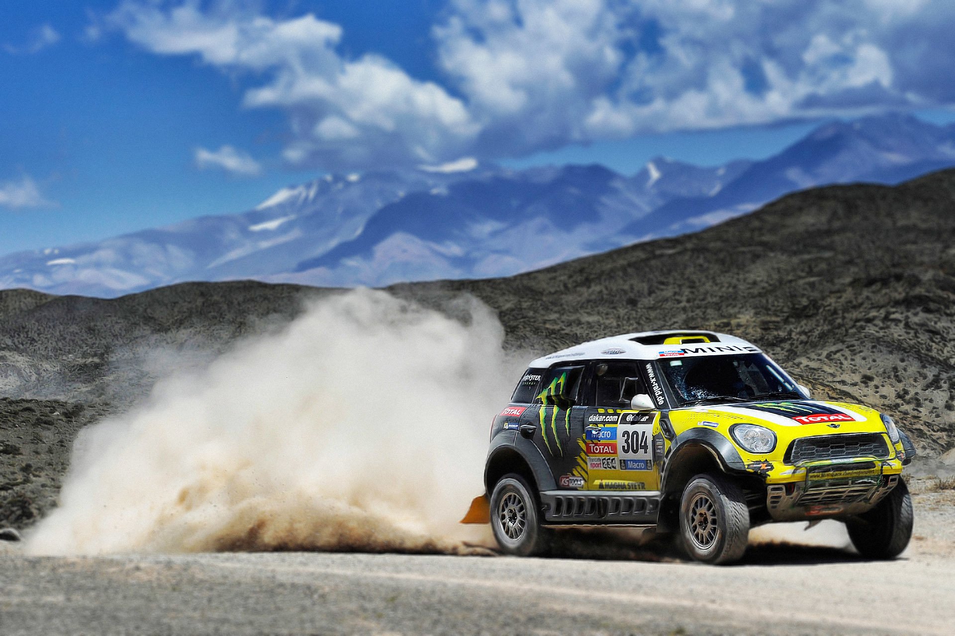 mini mini cooper mini auto car dakar rally sport yellow side view dust mountain