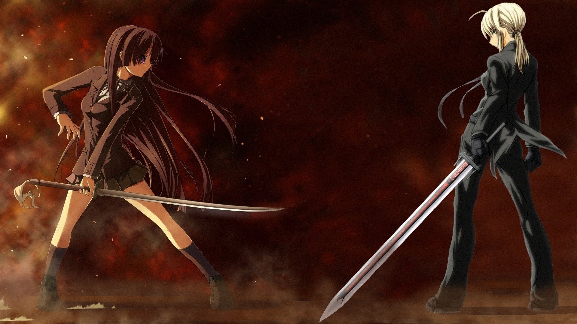 anime girls duel swords samurai battle fight two girls burgundy background girls-a drawings warriors-a