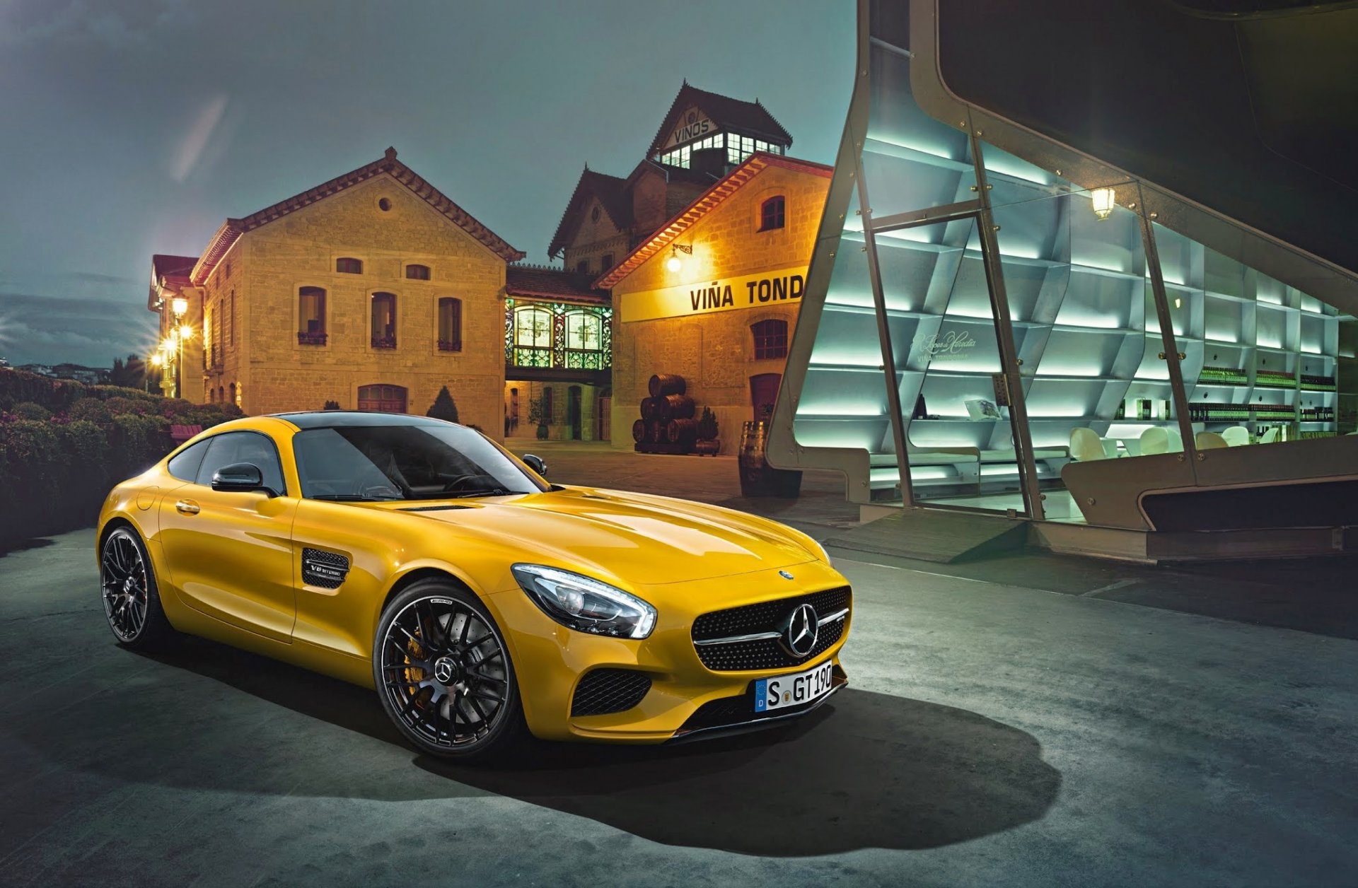 mercedes-benz amg gt 2015 yellow supercar front house